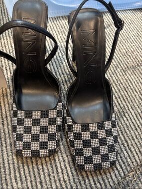 Mango Black & Silver Checkered Slingback Heels